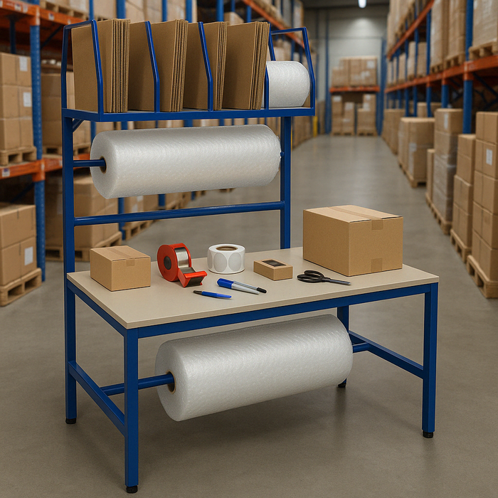 Pro Packing Bench | Overhead Storage | Laminate Worktop